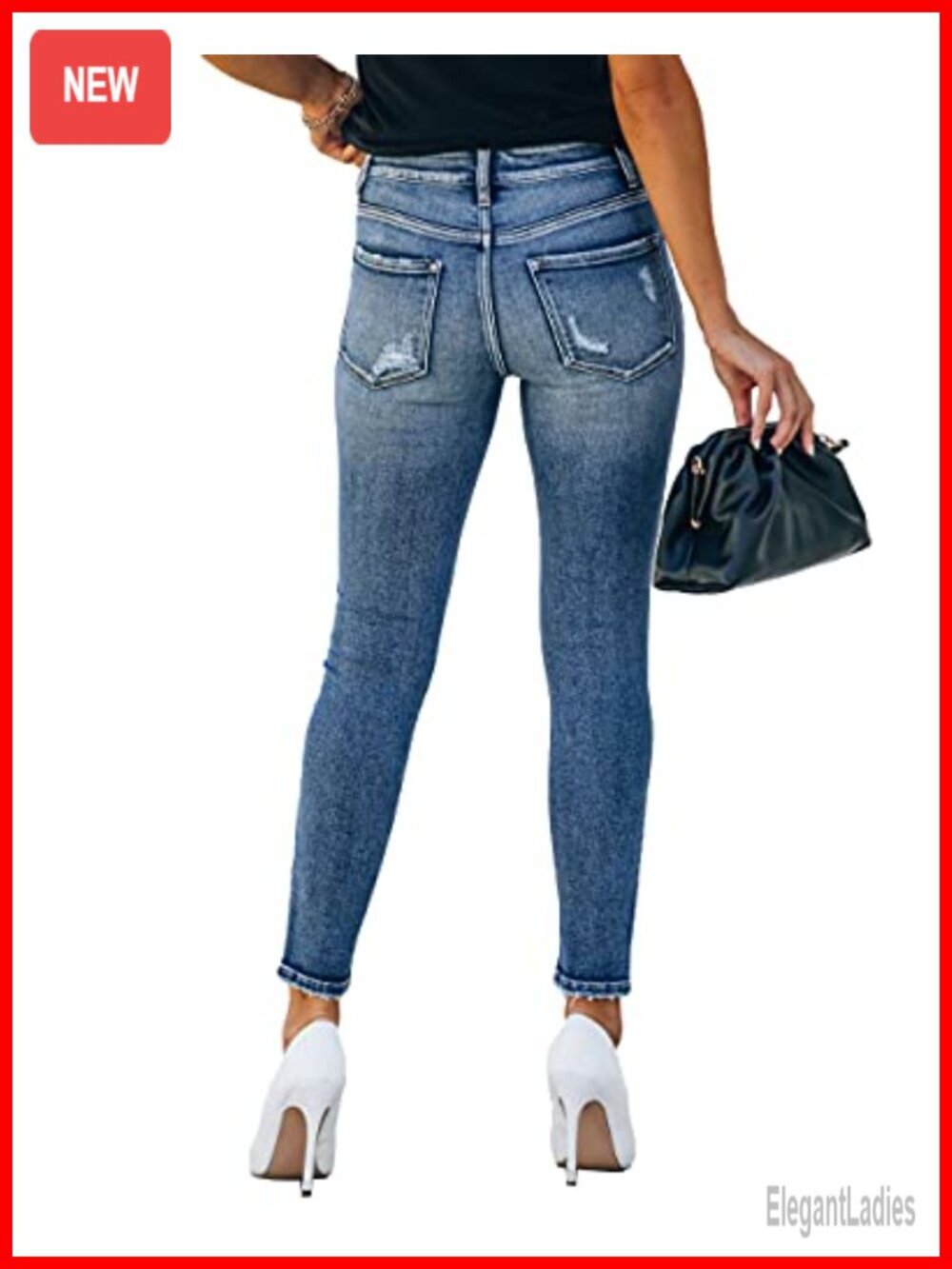 High Rise Skinny Stretch Button Ripped Jeans Distressed Denim Pants - Picture 5 of 7